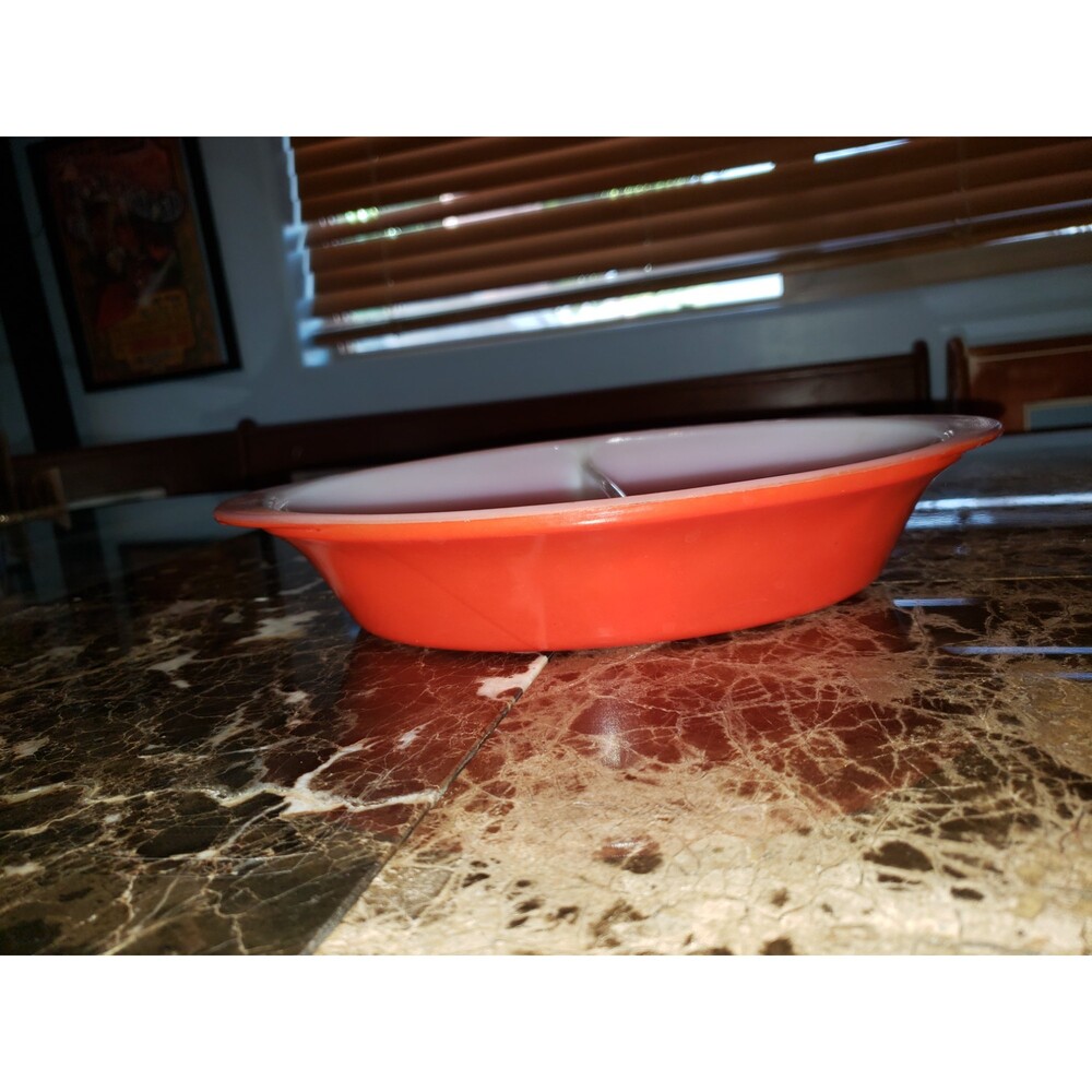 *^USA Glasbake J239 Red Vintage Divided Oval Casserole 12 inches by 8.5 inches